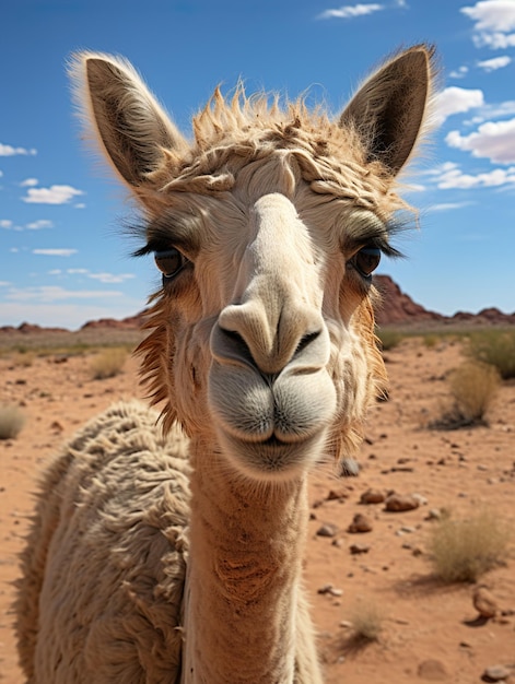 een kameel met een lange neus en een blauwe hemel op de achtergrond