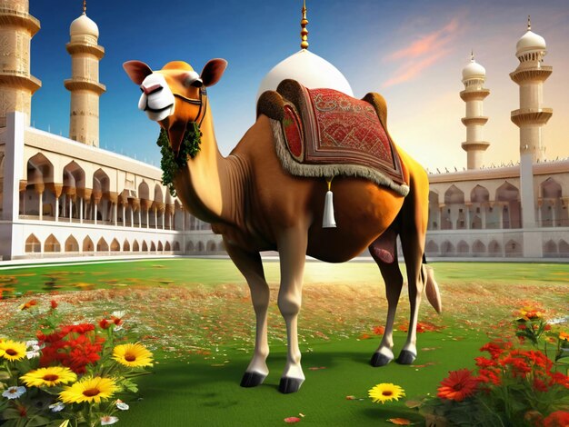 een kameel met een patroon op zijn rug zit in een veld van bloemen Eid ul Adha gerelateerde achtergrond 01