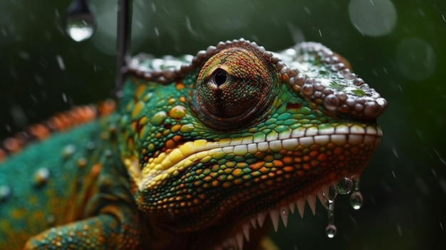 Een kameleon in de regen met aan de linkerkant het woord kameleon