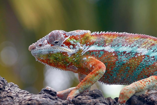 Een kameleon met een groen en blauw patroon