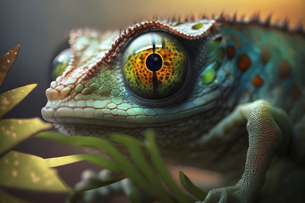 Een kameleon met een groen oog en gele vlekken.