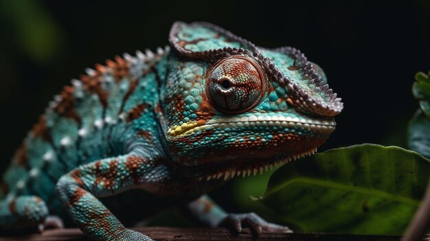 Een kameleon met een groene kop en rode strepen.