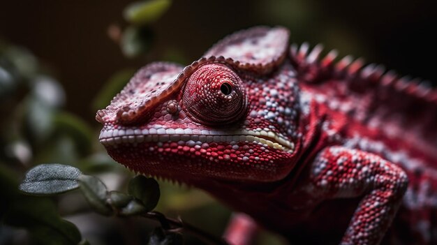 Een kameleon met een rode kop en een groen oog