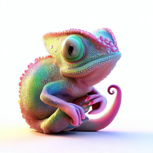 Een kameleon met een roze en blauwe staart zit op een witte achtergrond.