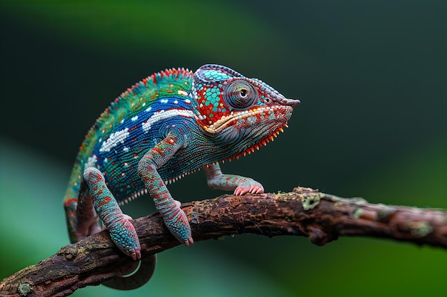 een kameleon op een tak met kleurrijke patronen