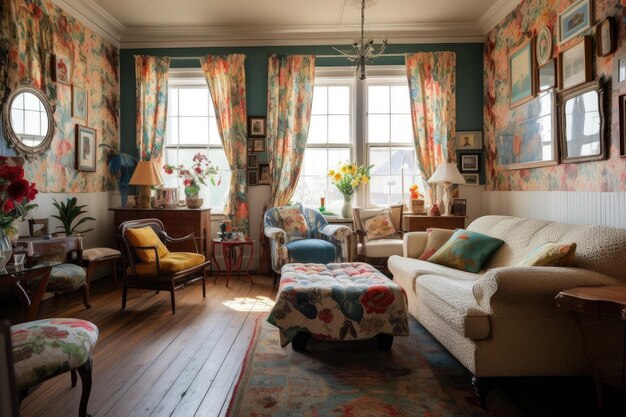 Een kamer gevuld met bloemenprints en vintage accenten gecreëerd met generatieve AI