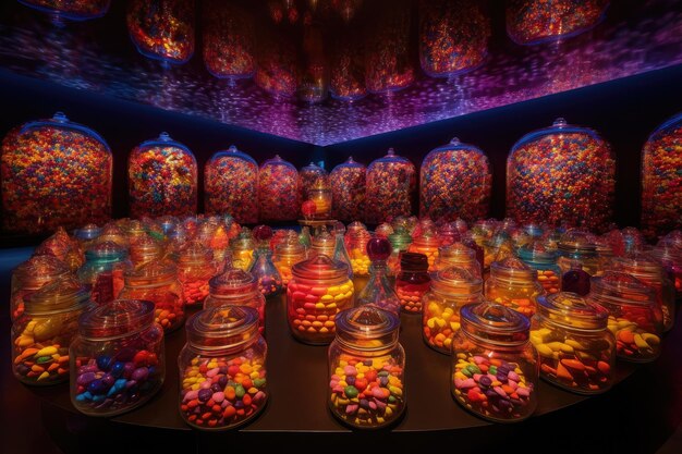 Een kamer gevuld met potten met kleurrijke snoepjes omgeven door glanzend glas en metaal