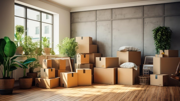 Een kamer in een huis met zonlicht dat door het raam stroomt en een stapel kartonnen dozen verlicht