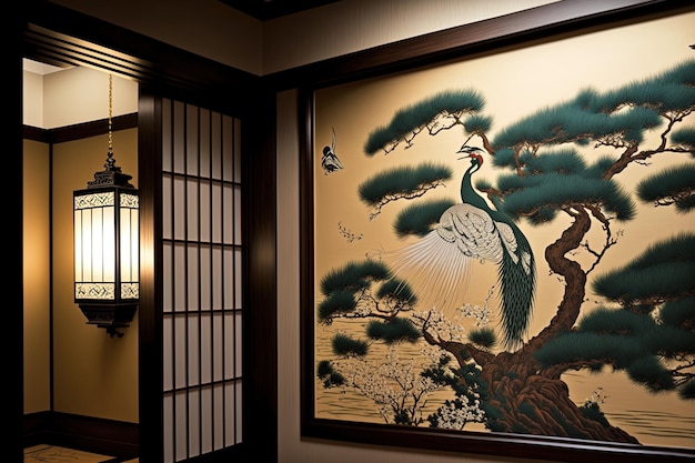 Een kamer in Japanse stijl met een fusuma-schilderij van een kraanvogel en dennenboom