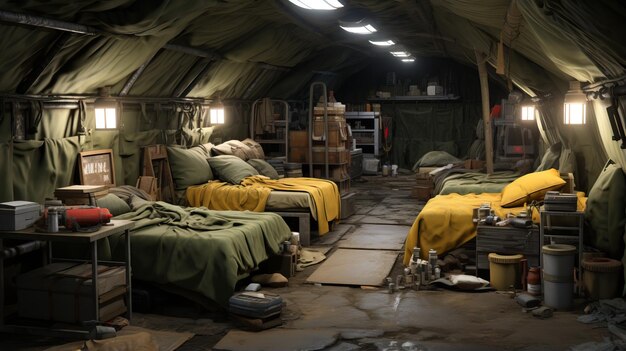 een kamer met bedden en een groene tent