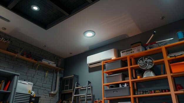 Foto een kamer met een bakstenen muur en een licht op het plafond