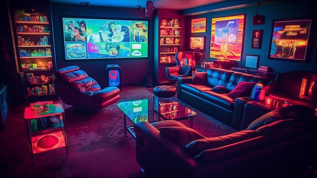Een kamer met een bank, een tv, een tafel en een tv met een spel erop.