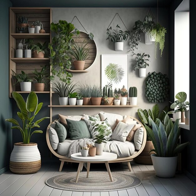 Foto een kamer met een bank en een plant aan de muur.