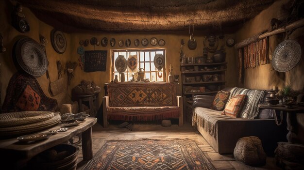 Een kamer met een banktafel en ander meubilair