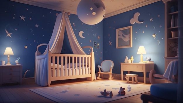 Een kamer met een bed, een maan en sterren aan de muur.