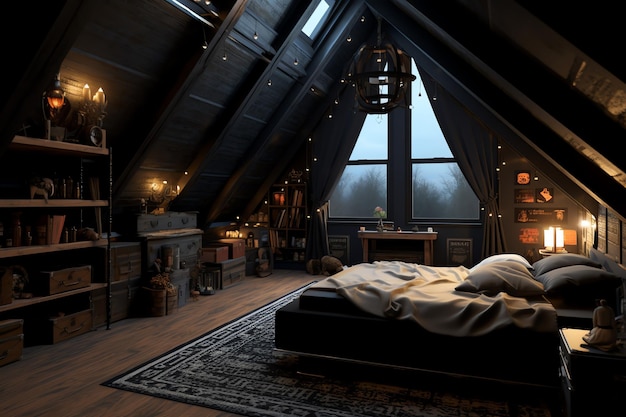 Een kamer met een bed en een dressoir met een lamp erop