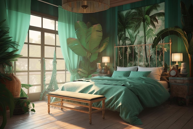 een kamer met een bed en een raam bedekt met groene gordijnen