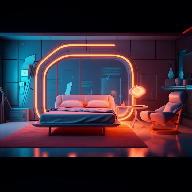 Foto een kamer met een bed en een stoel erin retro futuristisch