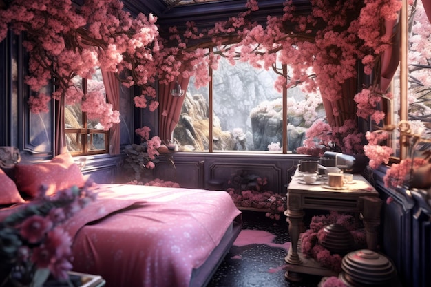 Een kamer met een bed en een tafel met bloemen erop