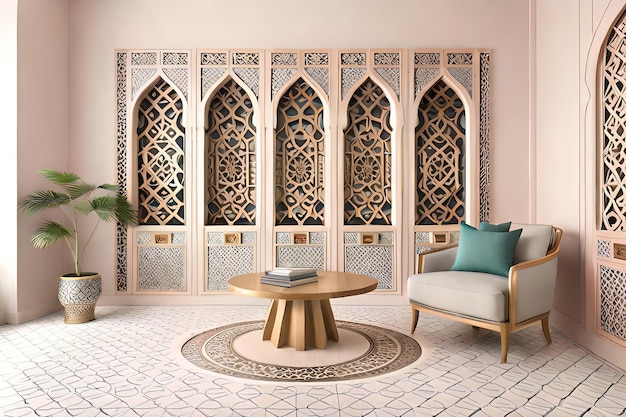 Een kamer met een behang waar 'alhambra' op staat