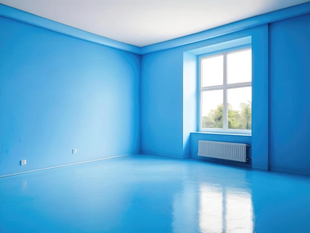 een kamer met een blauwe vloer en een raam waar de zon op schijnt