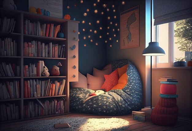 Een kamer met een boekenkast en een kat erop