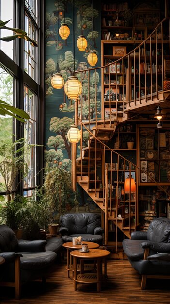 een kamer met een boekenkast met een muur met boeken erop