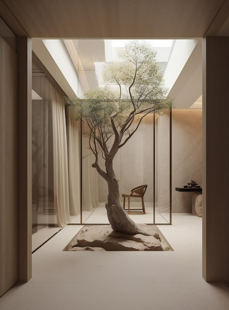 Een kamer met een boom in het midden ervan een 3D-weergave in beige kleurenschema AI gegenereerde AI-generativ