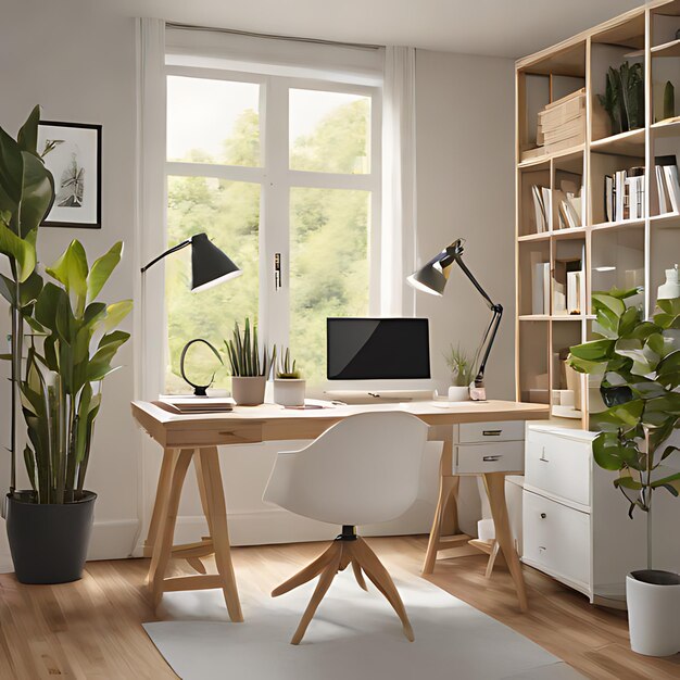 Foto een kamer met een bureau een monitor een laptop en een plant op een plank