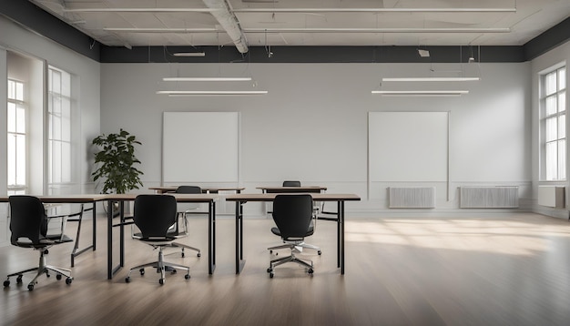 een kamer met een bureau en stoelen met een die zegt niemand