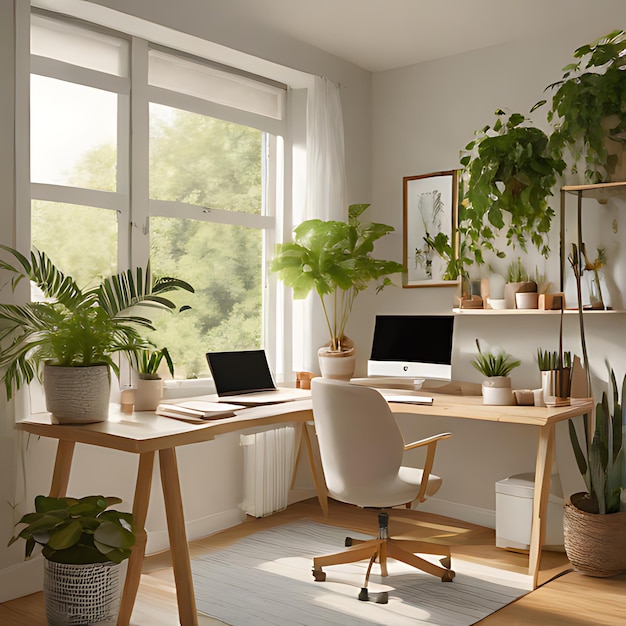 een kamer met een bureau planten en een laptop op een bureau