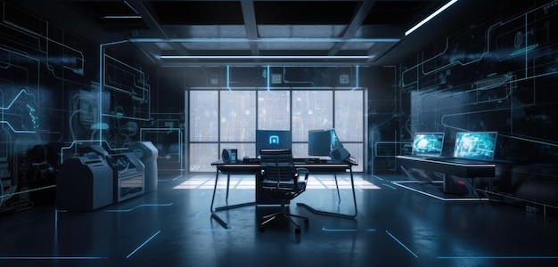 Een kamer met een computer en een bureau met een bord waarop 'cyberpunk' staat