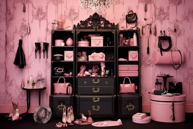 Een kamer met een dressoir en een dressoir met een spiegel waarop "roze" staat.