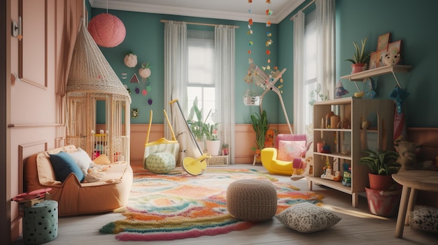 Een kamer met een groene muur en een grote speelkamer met een hemelbed een witte stoel en een groot raam