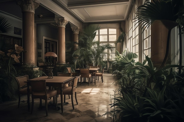 Een kamer met een groot plantendecor