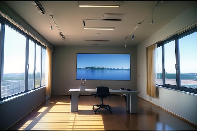 Een kamer met een groot raam waarop 'blauwe lucht' staat.