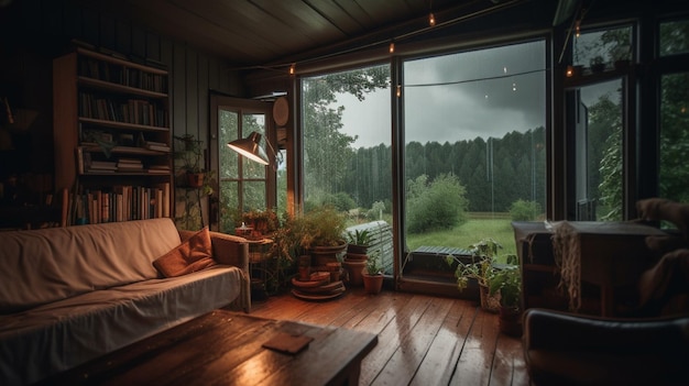 Een kamer met een groot raam waarop staat 'het huis is aan de linkerkant. '