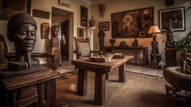 Een kamer met een groot schilderij aan de muur en een tafel met een houten tafel en stoelen.