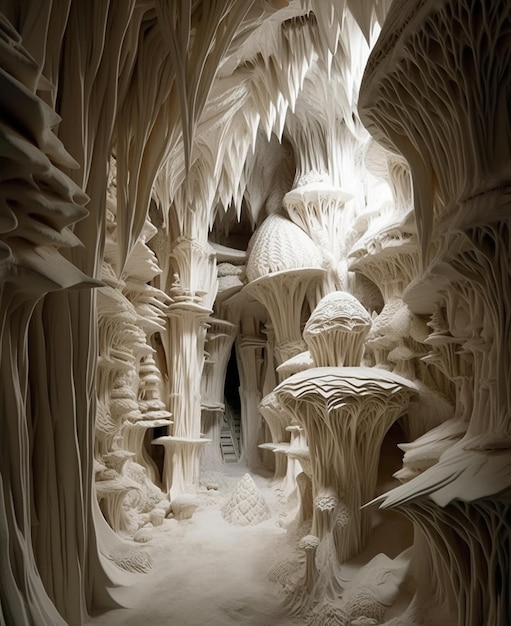 Een kamer met een grot en een paddenstoelenhuis