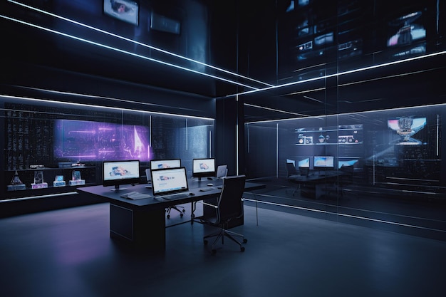 Een kamer met een grote kamer met een groot computerbureau en een groot scherm waarop 'cyberpunk' staat