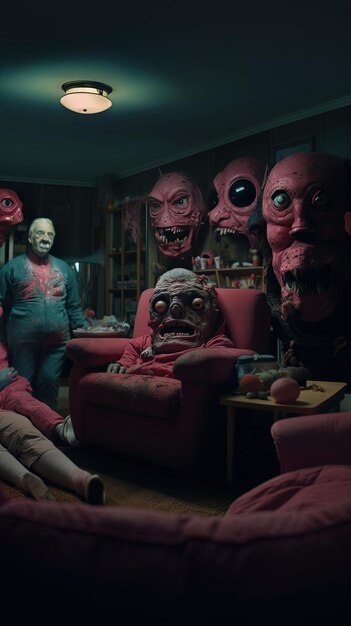 Foto een kamer met een hoop griezelige gezichten en een man in een rood shirt met het woord monster aan de voorkant