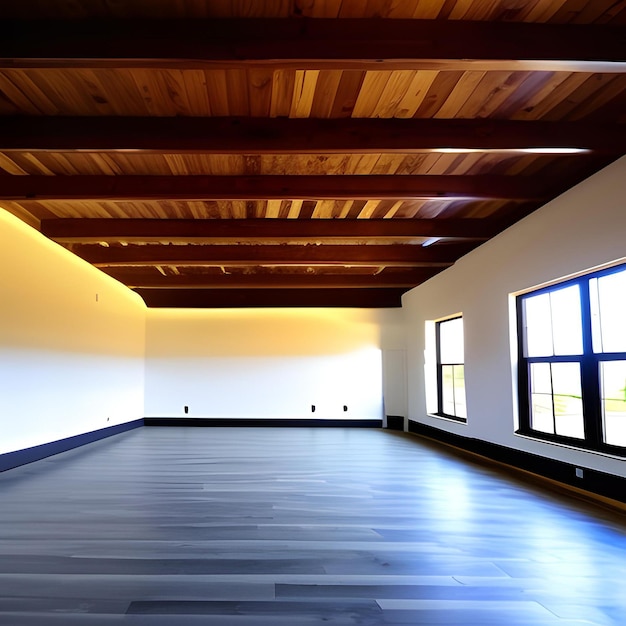 Een kamer met een houten plafond en een houten plafond met licht erop.