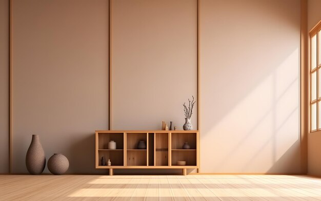 Een kamer met een houten plank en een vaas met bloemen aan de muur