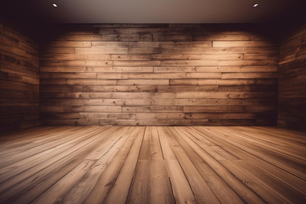 Een kamer met een houten wand en een houten vloer