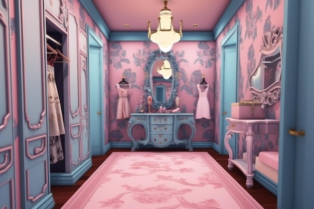 Een kamer met een kaptafel en een spiegel die "roze" zegt.