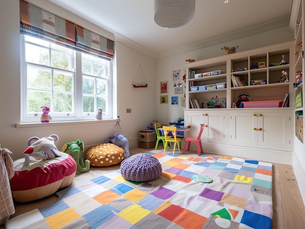 Foto een kamer met een kleurrijk tapijt en een kinderkamer met een gekleurd tapijt