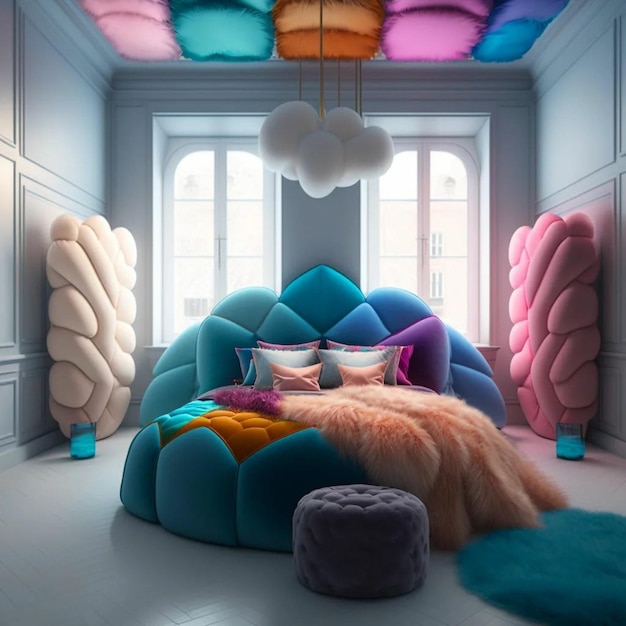 Een kamer met een kleurrijke bank en een plafond met kleurrijke lichten.