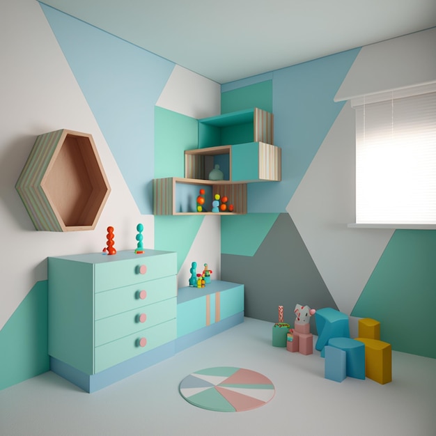 Foto een kamer met een kleurrijke muur en een blauw-wit geometrisch patroon.