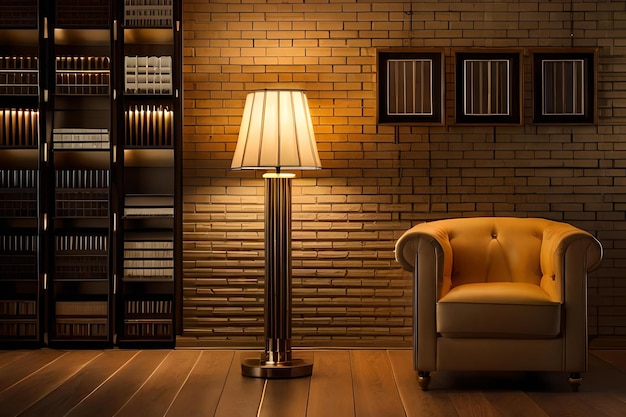 Een kamer met een lamp en een boekenkast met een lamp op de vloer.