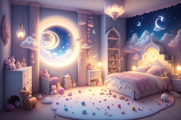 Een kamer met een maan en sterren aan de muur